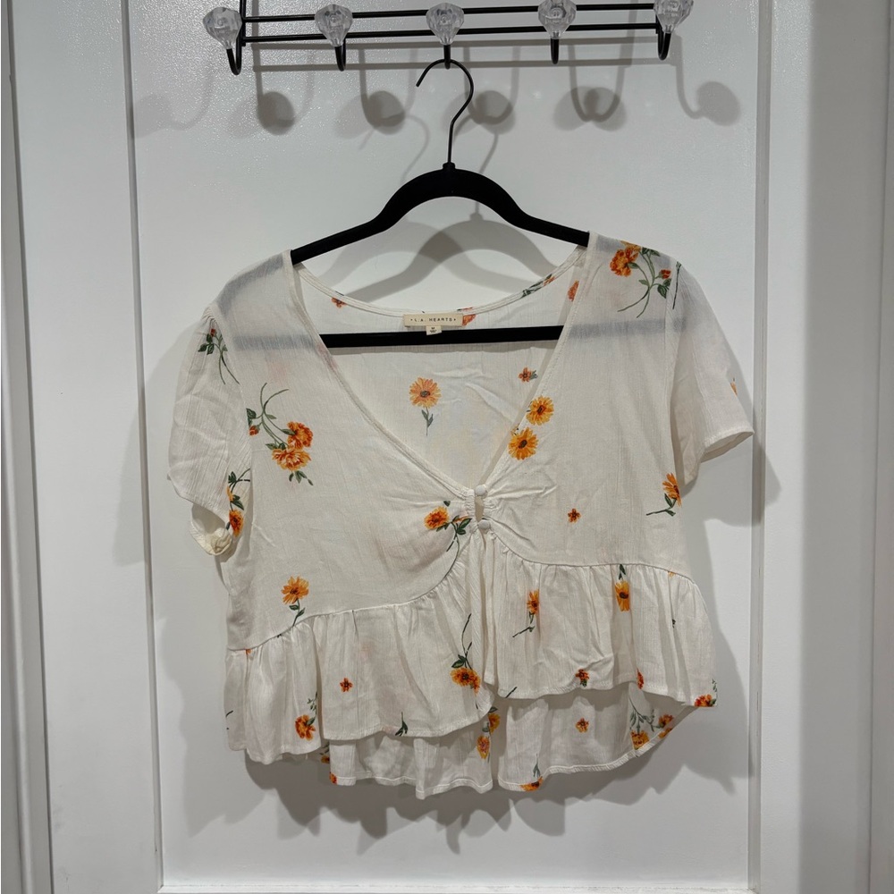 La Hearts Cream Floral Blouse with Orange Accents